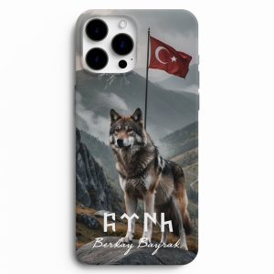 Dağın Zirvesinde Kurt ve Bayrak Tasarımlı Telefon Kılıfı