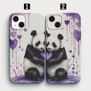 Mor Kalpler ve Panda Desenli İkili Telefon Kılıfı
