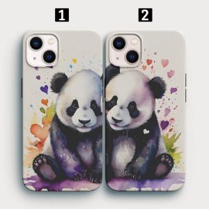 Yağlı Boya Tasarımlı Sevimli Panda Baskılı İkili Telefon Kılıfı