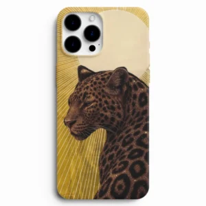 Altın güneş ve leopar desenli telefon kılıfı