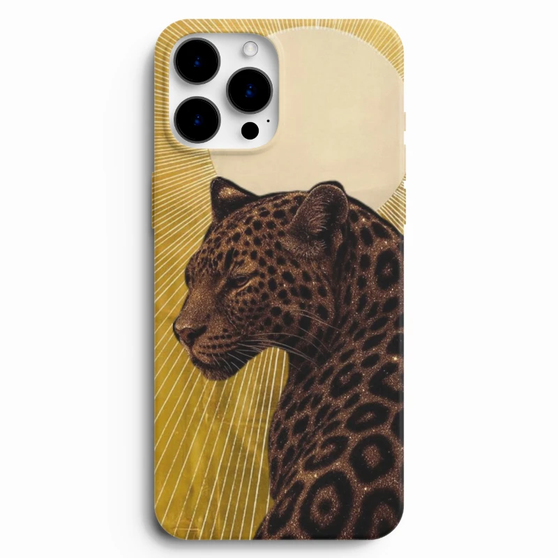 Altın güneş ve leopar desenli telefon kılıfı