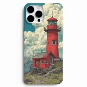 Kırmızı deniz feneri telefon kılıfı vintage manzara tasarımı