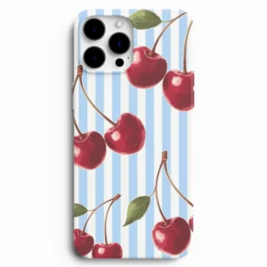 Mavi beyaz çizgili kiraz desenli telefon kılıfı
