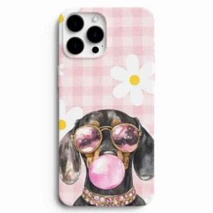 Pembe çiçek desenli köpek figürlü premium telefon kılıfı