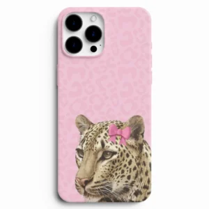 Pembe kurdeleli leopar figürlü telefon kılıfı