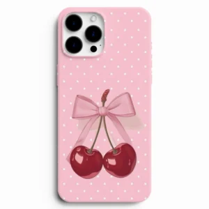 Pembe puantiyeli kurdeleli kiraz figürlü telefon kılıfı