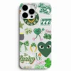 Sans Yonca ve Lucky Temali Sticker Kolaj Telefon Kilifi Yesil Kurdele Kalp ve Sans Sembolleri Deseni