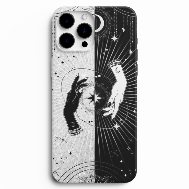 Güneş ay ve mistik eller desenli silikon telefon kılıfı
